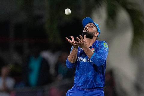 Mohammad Nabi takes a catch to dismiss Tanzim Hasan